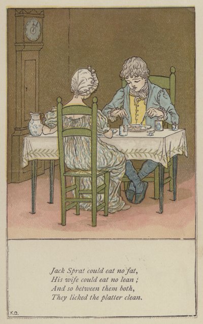 Jack Sprat kon geen vet eten (kleur litho) door Kate (after) Greenaway