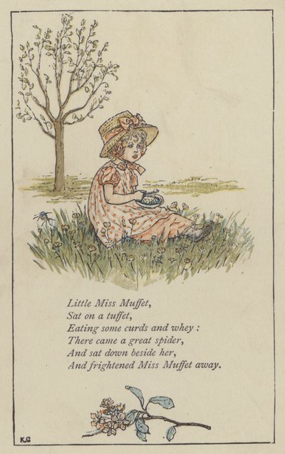 Kleine Miss Muffet (kleur litho) door Kate (after) Greenaway