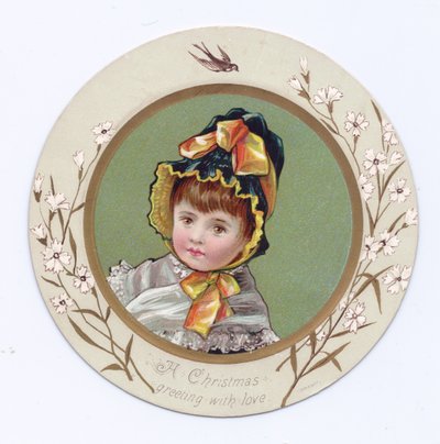 Victoriaanse wenskaart van een jongen met zijn arm om een meisje die naar een boek kijken, ca. 1880 door Kate Greenaway