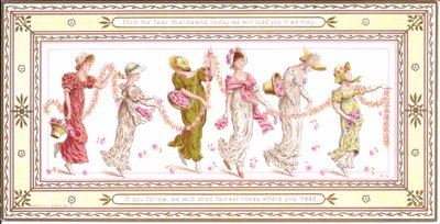 Victoriaanse wenskaart van een kind met een gele sjaal om zijn nek, ca. 1880 door Kate Greenaway