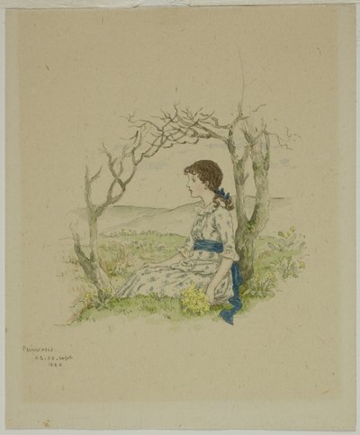 Zittend meisje met sleutelbloemen door Kate Greenaway
