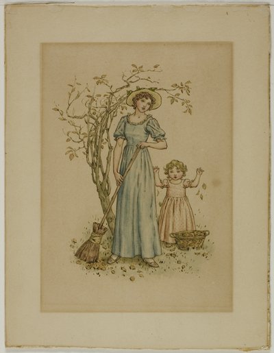 Vrouw met bezem en klein meisje door Kate Greenaway