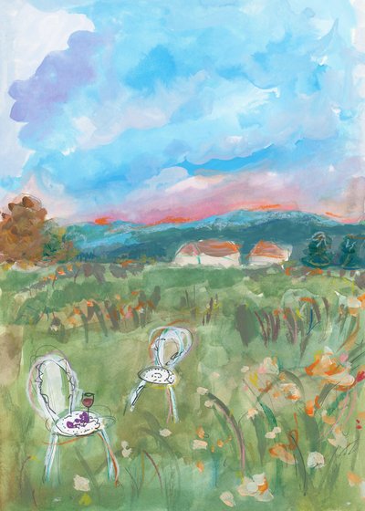 Aquarel: Dieproze zonsondergang door Katharina Puritscher