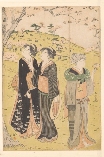 Bewonderen van de kersenbloesem te Asukayama door Katsukawa Shuncho