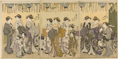 Courtisanes en hun bedienden paraderen onder lantaarns door Katsukawa Shuncho