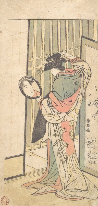 Een courtisane die naar haar spiegelbeeld kijkt in een handspiegel, ca. 1787 door Katsukawa Shun