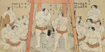 Een drieluik met een gelijkspel in de strijd tussen Onogawa en Tanikaze door Katsukawa Shunei