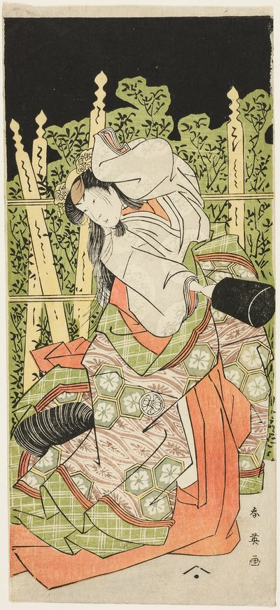 Acteur Segawa Kikunojô III Mogelijk als Ono no Komachi in "Komachi Village: Nieuwjaar in het theater" ("Komachimura shibai no shôgatsu") door Katsukawa Shun