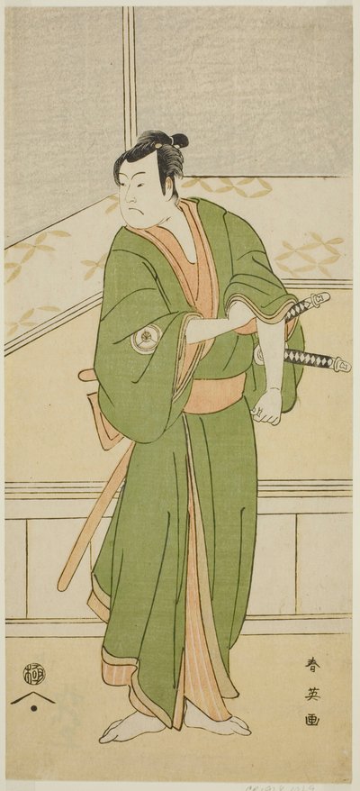 De acteur Iwai Hanshiro IV als Shirai Gompachi in het toneelstuk Gozen-gakari Sumo Soga, opgevoerd in het Kawarazaki Theater in de tweede maand, 1793 door Katsukawa Shun