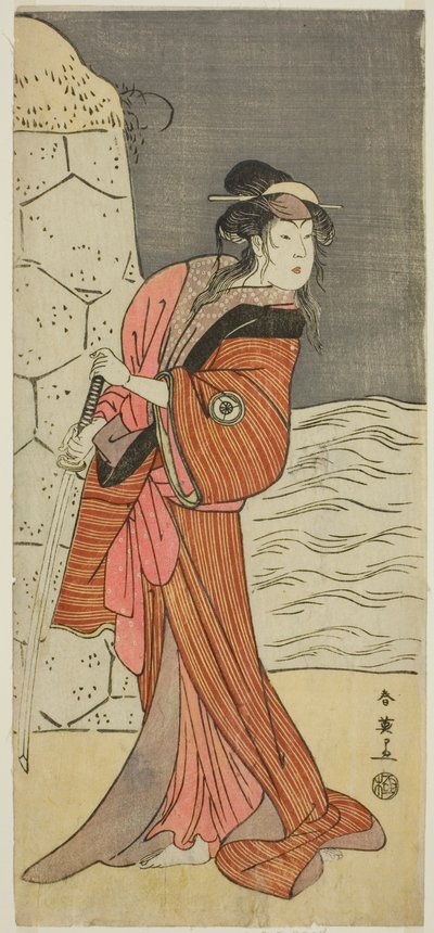 De acteur Iwai Hanshiro IV als Yaegushi no Oroku () in het toneelstuk Keisei Kogane no Hakarime (), opgevoerd in het Kawarazaki Theater () in de derde maand, 1792 () door Katsukawa Shun