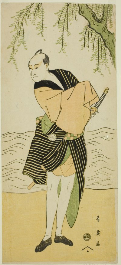 De acteur Sawamura Sojuro III als Ume no Yoshihei in het toneelstuk Suda no Haru Geisha Katagi, opgevoerd in het Kiri Theater in de eerste maand, 1796 door Katsukawa Shun