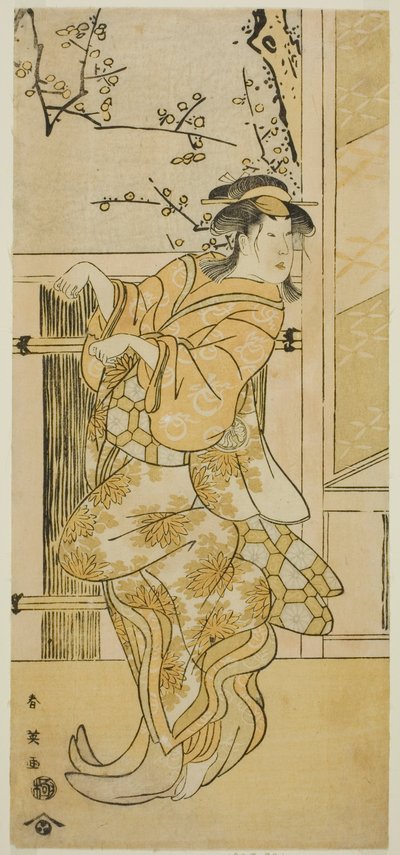 De acteur Segawa Kikunojo III als Kojoro-gitsune (vrouwelijke vos) vermomd als Omiki in het toneelstuk Komachi-mura Shibai no Shogatsu, opgevoerd in het Nakamura Theater in de Elfde Maand, 1789 door Katsukawa Shun