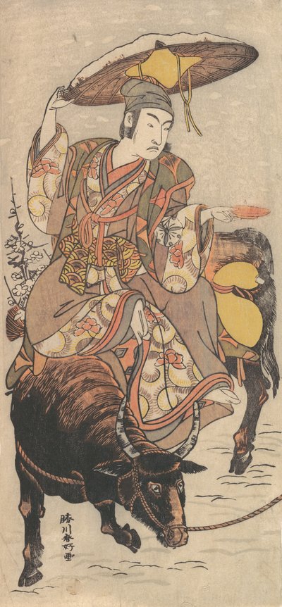 De acteur Matsumoto Koshiro IV op een os in een sneeuwstorm, ca. 1790 door Katsukawa Shunko