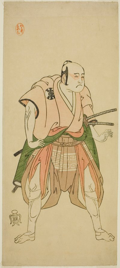 De acteur Bando Sampachi I als Yawata no Saburo (?) in het stuk Shuen Soga Omugaeshi (?), opgevoerd in het Ichimura Theater (?) in de tweede maand, 1768 (?) door Katsukawa Shunsho
