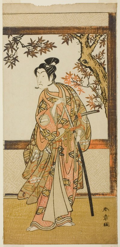 De acteur Ichikawa Monnosuke II als Shinokobe Shoji Yukihira in het stuk Gohiiki Kanjincho, uitgevoerd in het Nakamura Theater in de elfde maand, 1773 door Katsukawa Shunsho