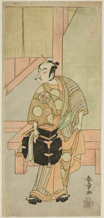 De acteur Ichimura Uzaemon IX als de kapper Komagata Ikkaku in het stuk Fuji no Yuki Kaikei Soga, uitgevoerd in het Ichimura Theater in de eerste maand, 1770 door Katsukawa Shunsho