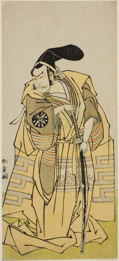 De acteur Nakamura Nakazo I als Kudo Suketsune (?) in het stuk Iro Moyo Aoyagi Soga (?), uitgevoerd in het Nakamura Theater (?) in de tweede maand, 1775 (?) door Katsukawa Shunsho