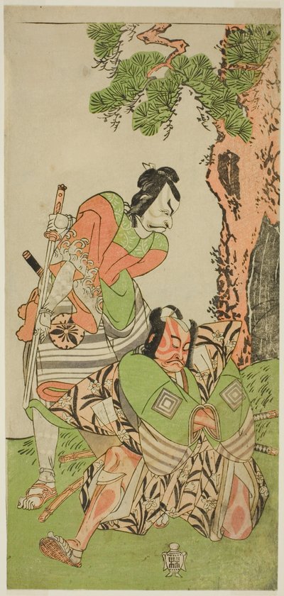 De Acteurs Ichikawa Danzo III als I no Hayata Tadazumi (rechts), en Matsumoto Koshiro II als Osada no Taro Kagemune Vermomd als Yatsurugi Zaemon (links), in het stuk Nue no Mori Ichiyo no Mato, opgevoerd in het Nakamura Theater in de elfde maand, 1770 door Katsukawa Shunsho