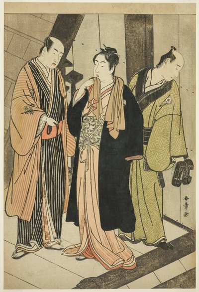 De Acteurs Ichikawa Monnosuke II (links), Iwai Hanshiro IV (midden), en Iwai Karumo (?) (rechts), op een landingsplaats achter de schermen door Katsukawa Shunsho