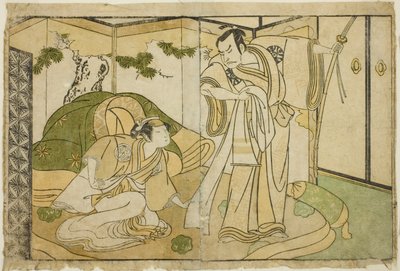 De acteurs Nakamura Nakazo I als Taira no Kiyomori (rechts), en Yamashita Kinsaku II als Tokiwa Gozen (links), in het stuk Nue no Mori Ichiyo no Mato, uitgevoerd in het Nakamura Theater in de elfde maand, 1770 door Katsukawa Shunsho