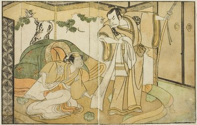 De acteurs Nakamura Nakazo I als Taira no Kiyomori (rechts), en Yamashita Kinsaku II als Tokiwa Gozen (links), in het stuk Nue no Mori Ichiyo no Mato, uitgevoerd in het Nakamura Theater in de elfde maand, 1770 door Katsukawa Shunsho