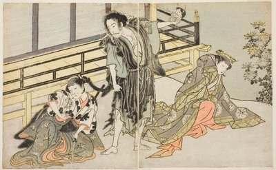 De Acteurs Nakamura Noshio I als Nyosan no Miya (rechts), Ichikawa Danjuro V als de Afvallige Monnik Yochin (midden), en Yamashita Kinsaku II als de Dienstmeid Mutsuhana (links), in het stuk Fuki Kaete Tsuki mo Yoshiwara, opgevoerd in het Morita Theater in door Katsukawa Shunsho