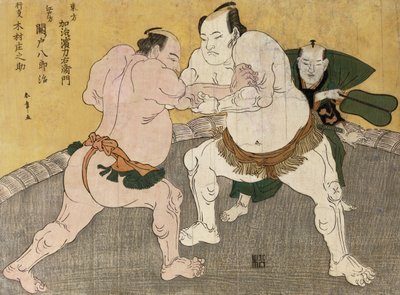 Het Worstelen tussen Kimenzan Tanigoro en Edogasaki Gemji door Katsukawa Shunsho