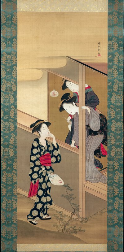 Drie schoonheden praten bij een veranda door Katsukawa Shunsho