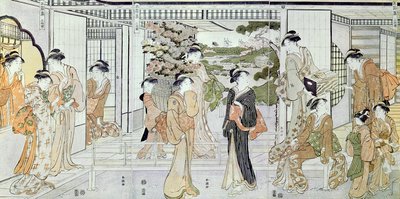 Jonge Vrouwen met een Mand Chrysanten door Katsukawa Shunsho
