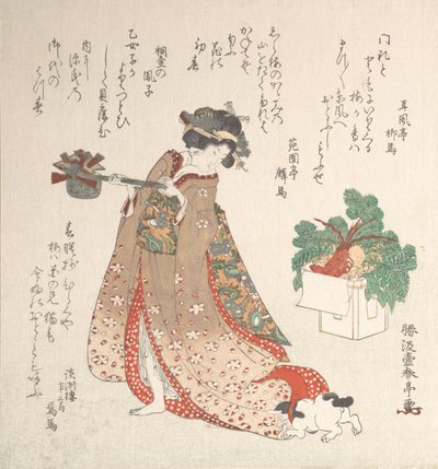 Jonge Vrouw die een Wijnkan Draagt voor de Nieuwjaarsceremonie, ca. 1815 door Katsukawa Shuntei