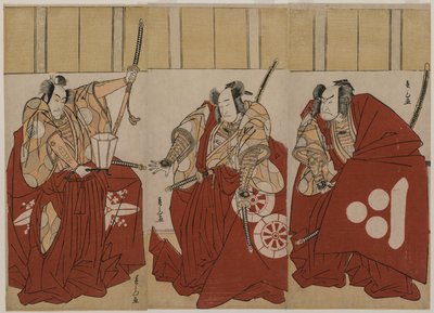 Ichikawa Monnosuke II als Urabe Suetake, Onoe Matsusuke I als Usui Sadamitsu, en Nakamura Nakazo I als Watanabe no Tsuna in De Vier Hemelse Koningen Gekostumeerd als de Nachtwacht door Katsukawa Shunzan