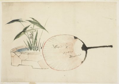 Waaier en Plantenarrangement door Katsushika (school of) Hokusai