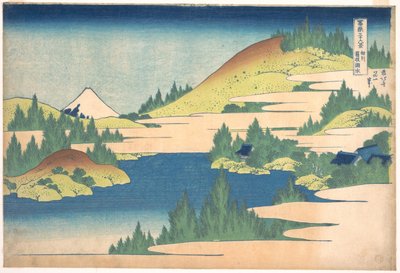 36 gezichten op de berg Fuji, Japan: uitzicht op het Hakone-meer, provincie Sagami door Katsushika Hokusai