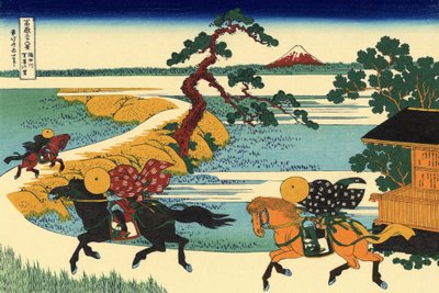 36 uitzichten op de berg Fuji, Japan: uitzicht op het dorp Sekiya aan de rivier Sumida, Japan door Katsushika Hokusai