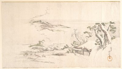 Een met sneeuw bedekt landschap met grijze wolken door Katsushika Hokusai