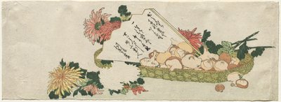 Mand met waaier, chrysanten en paddenstoelen door Katsushika Hokusai