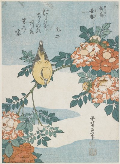 Zwartnekoriole en Chinese Roos, ca. 1833 door Katsushika Hokusai