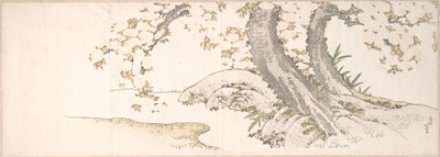 Bloeiende kersenbomen langs een beekje door Katsushika Hokusai