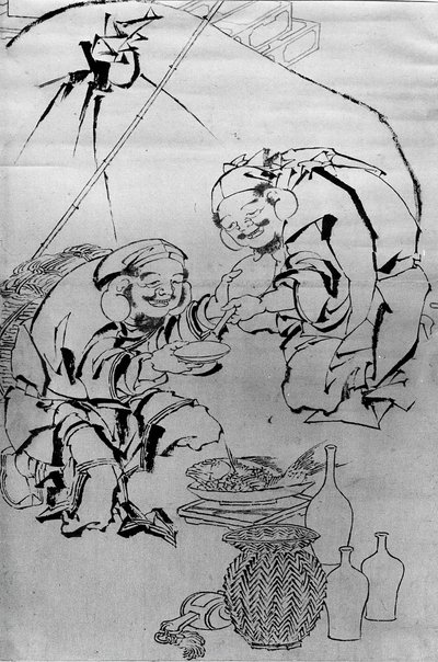 Ebisu en Daikoku vieren het Nieuwjaarsfestival, 18e-19e eeuw door Katsushika Hokusai