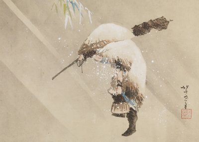Visser die zijn net draagt in de sneeuw, ca. 1821 door Katsushika Hokusai