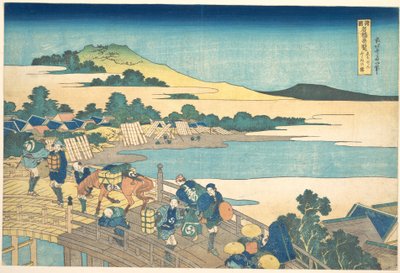 De Fukui-brug in de provincie Echizen (Echizen Fukui no hashi), uit de serie „Opmerkelijke uitzichten op bruggen in verschillende provincies“ (Shokoku meikyō kiran) door Katsushika Hokusai