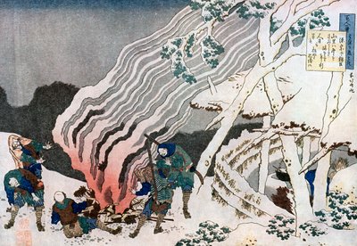 Jagers bij een vuur in de sneeuw, ca. 1835 door Katsushika Hokusai