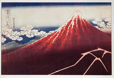 Bliksem op de berg Fujiyama ... (kleurenhoutsnede) door Katsushika Hokusai