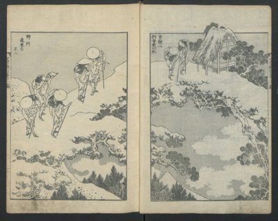 Mount Fuji onder een brug links, Mount Fuji achter een net rechts, uit Honderd uitzichten, ca. 1847 door Katsushika Hokusai