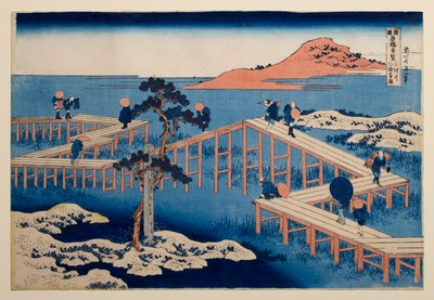 Oude afbeelding van de achtdelige brug bij Yatsuhashi in de provincie Mikawa, uit de serie „Opmerkelijke afbeeldingen van bruggen in diverse provincies“ door Katsushika Hokusai