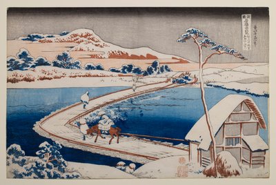 Oude afbeelding van de pontonbrug bij Sano in de provincie Kōzuke, uit de serie „Opmerkelijke afbeeldingen van bruggen in diverse provincies“ door Katsushika Hokusai
