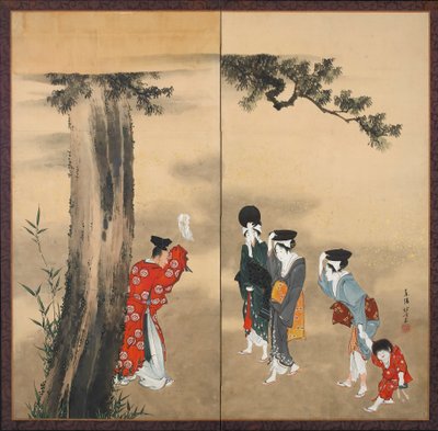 Papieren tweevoudig scherm: Een Shinto Priester, Drie Vrouwen en een Kind onder een Pijnboom, Edo Periode, ca. 1799-1801 door Katsushika Hokusai