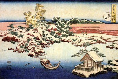 Besneeuwd landschap aan de Sumida-rivier, Japan door Katsushika Hokusai