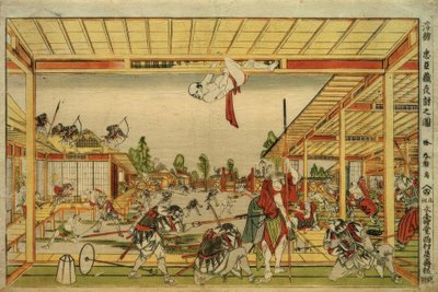 Perspectiefbeeld van de nachtelijke aanval van de 47 trouwe vazallen door Katsushika Hokusai