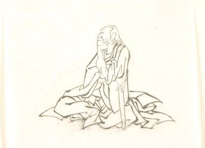 Zittende oude man, leunend op een stok door Katsushika Hokusai